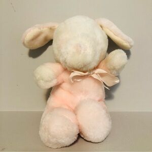 Eatons Pink Bunny Plush Rattle Baby Cuddle Toy White Bow Ribbon Vintage 80s